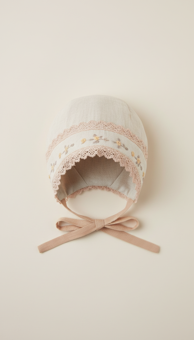 Linen bonnet with scalloped trim